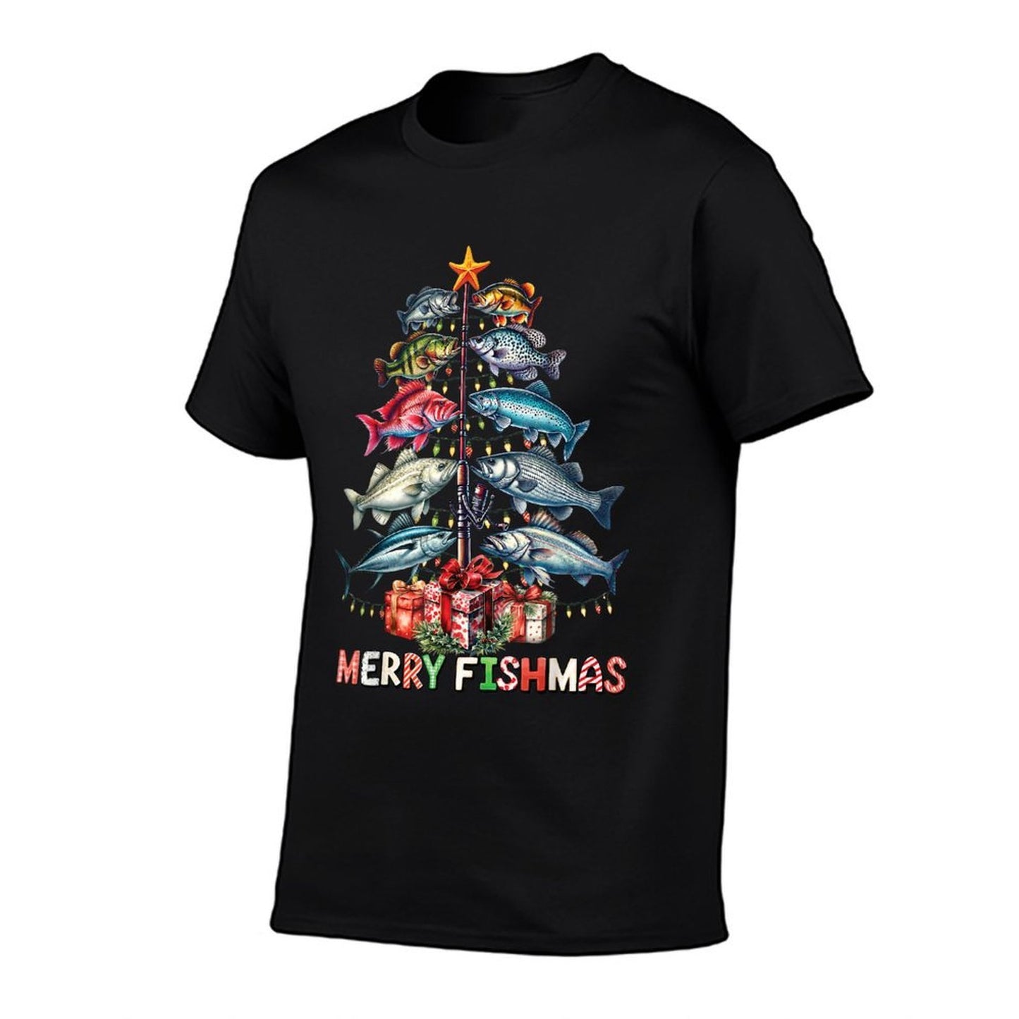 Merry Fishmas Funny Christmas Tree Lights Fishing Rod Fish  Durable T-Shirt