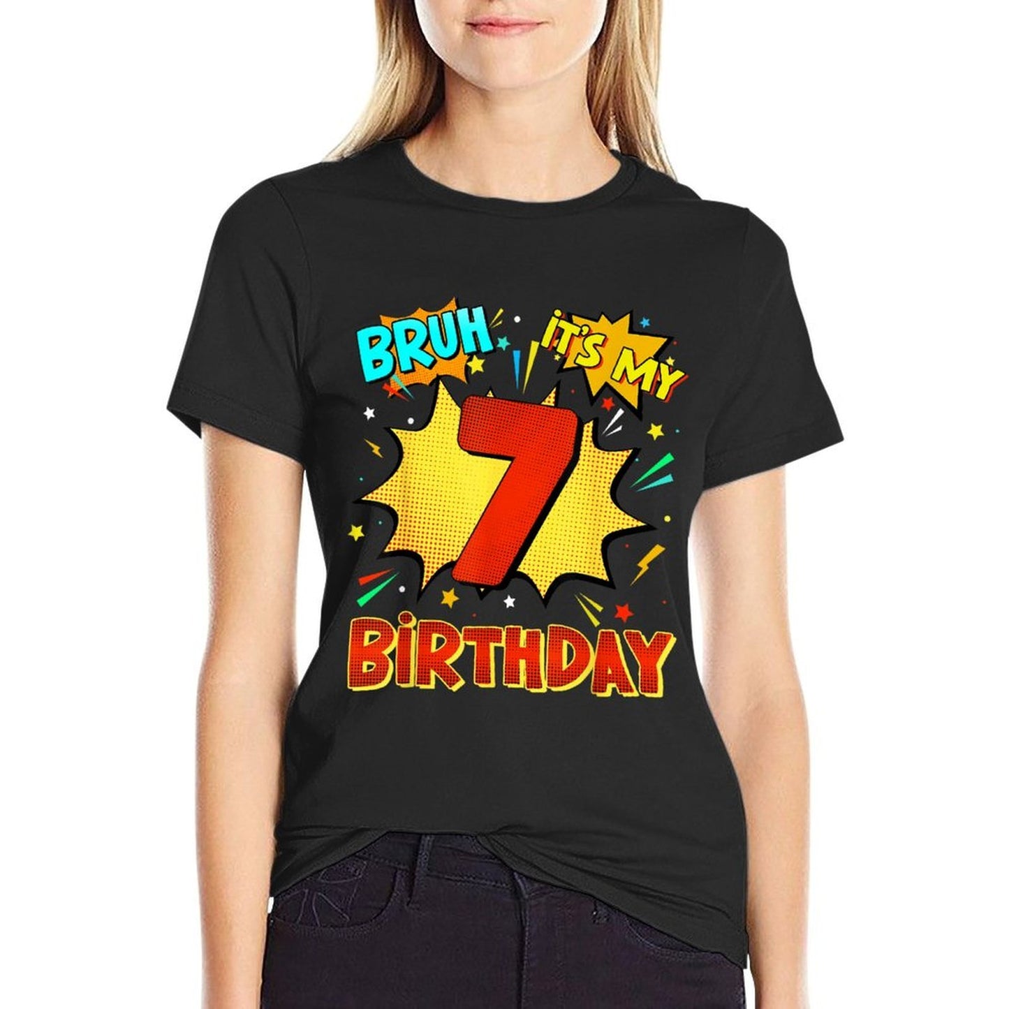 Bruh It's My 7th Birthday 7 Year Old Comic Birthday Party  Ribbed Collar T-Shirt