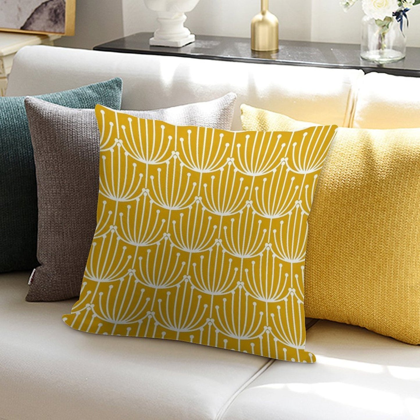 Mid Century Modern, Retro, Floral Pattern, in Bright Yellow Soft Anti-Pilling Throw Pillow