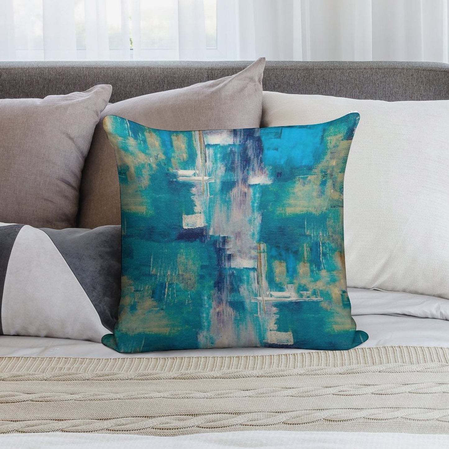 Teal And Gold, Blue Abstract Paint Modern Soft Ultra-Soft Texture Throw Pillow