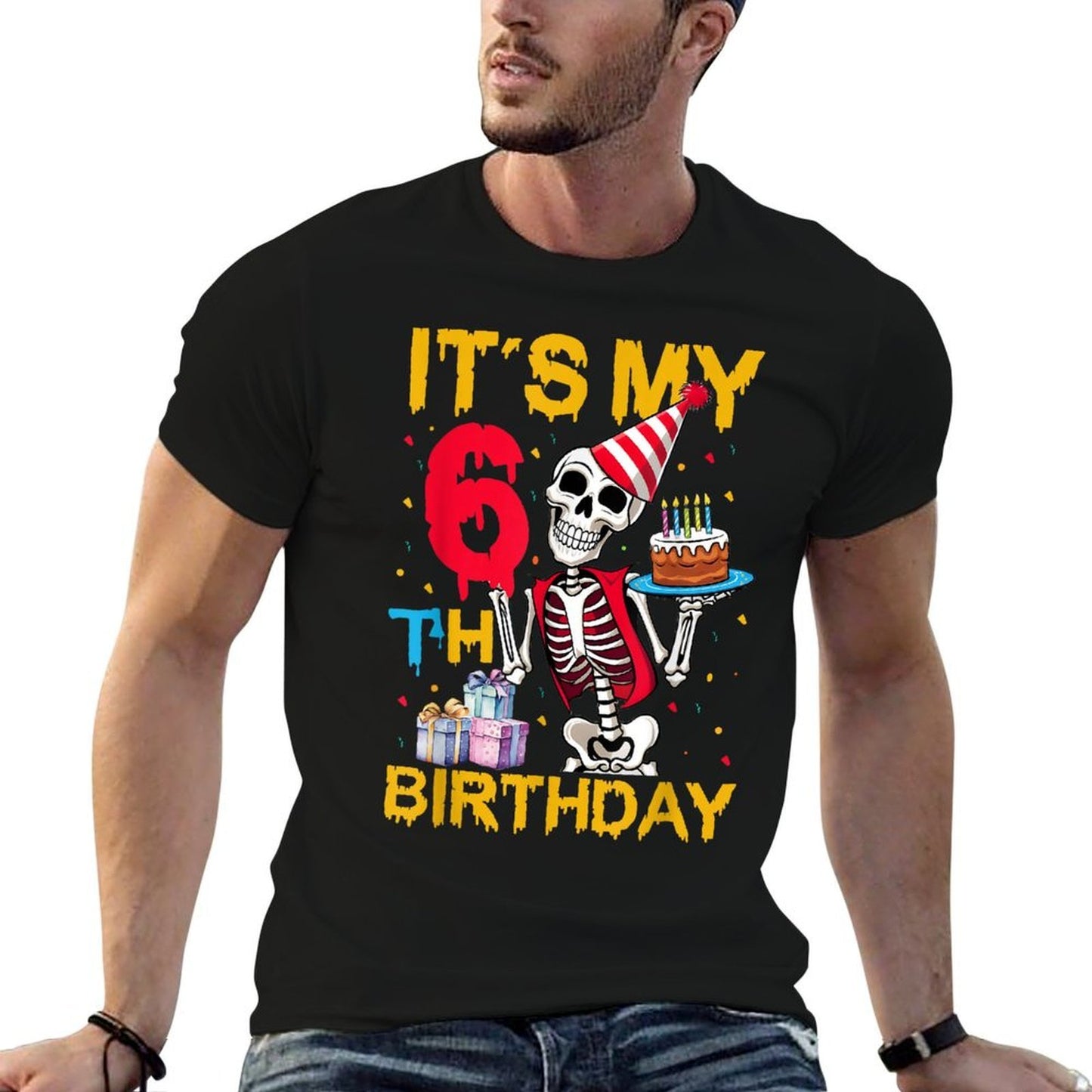 It's My 6th Birthday Party Halloween Skeleton Birthday  Oversized Silhouette T-Shirt