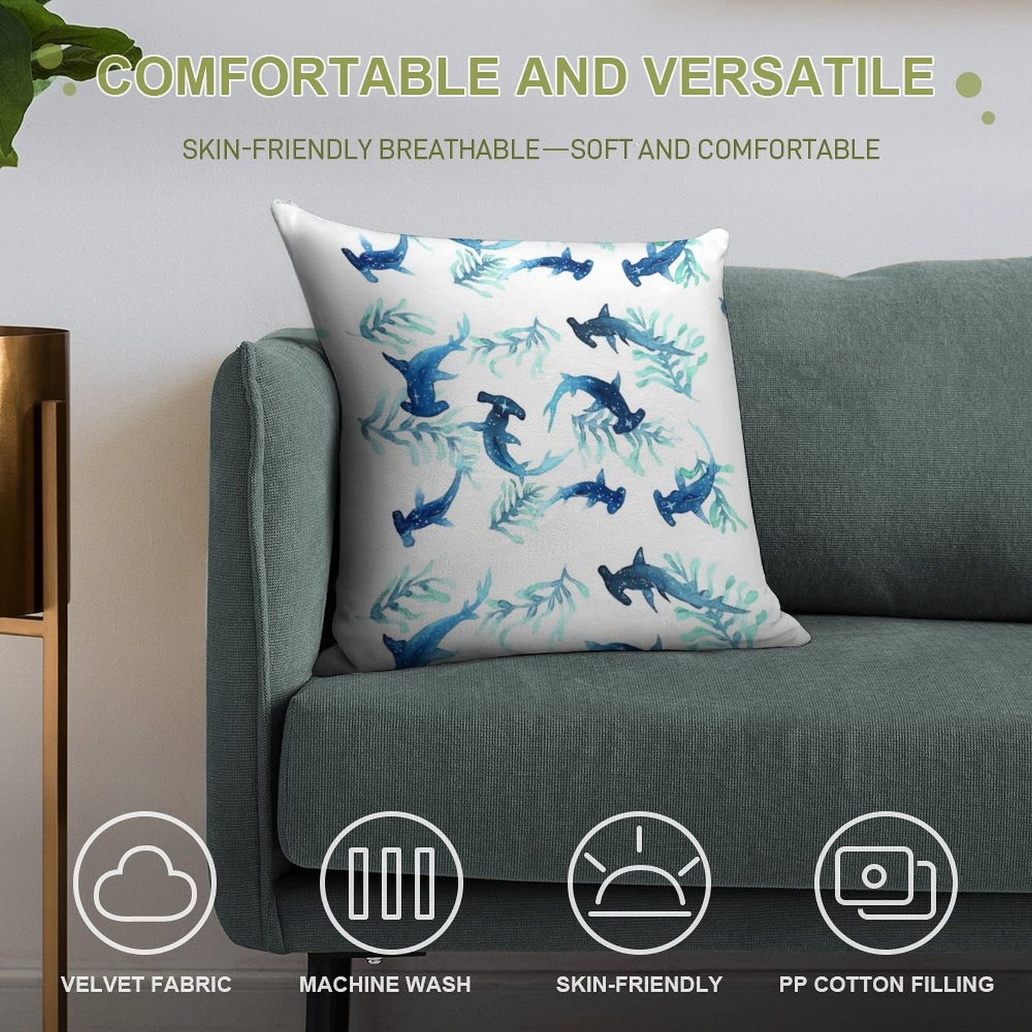 Hammerhead Shark Pattern Soft Luxury Feel Throw Pillow