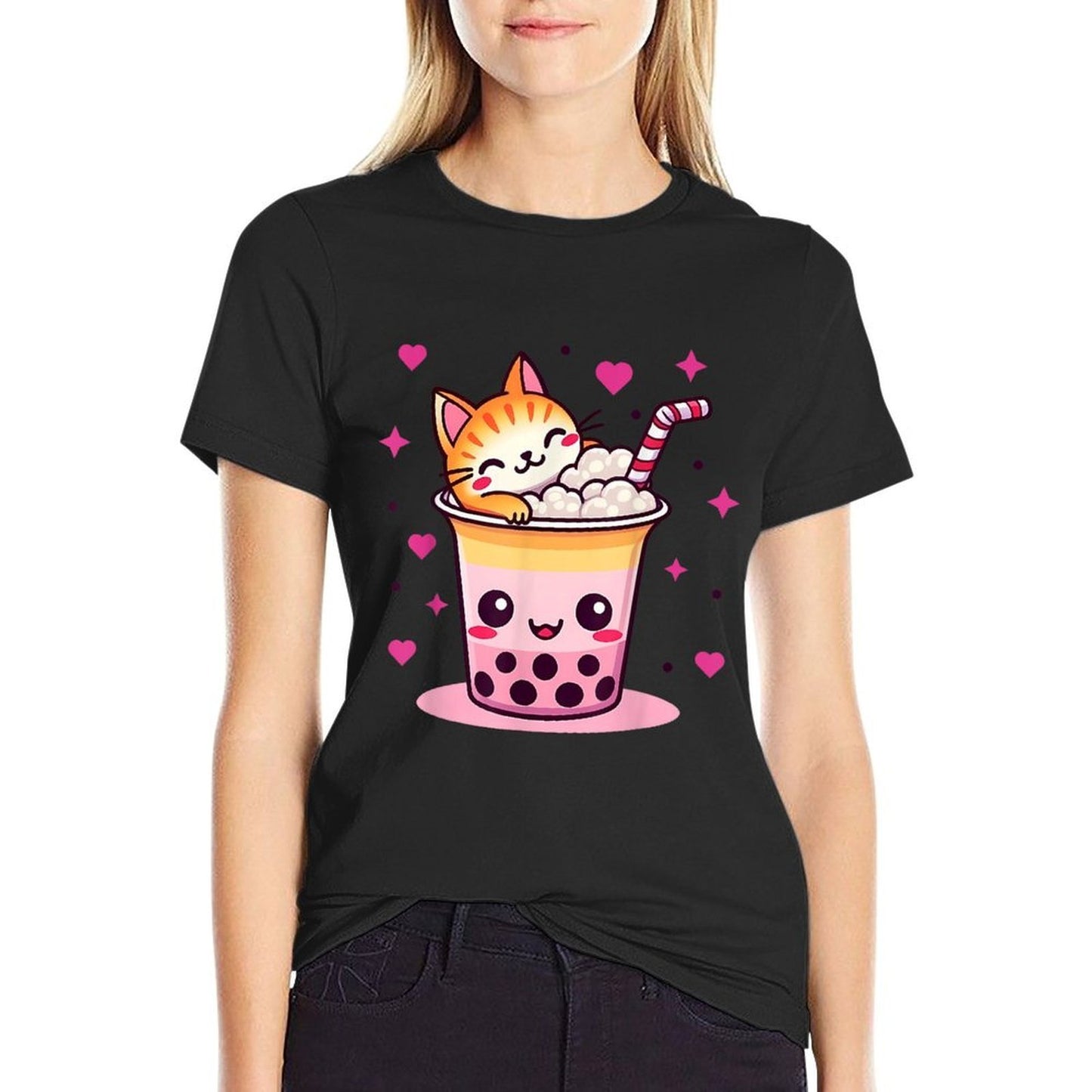 Funny Cat Boba Tea Cute Cat Anime With Bubble Tea Lover  Polyester Blend T-Shirt