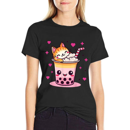 Funny Cat Boba Tea Cute Cat Anime With Bubble Tea Lover  Polyester Blend T-Shirt