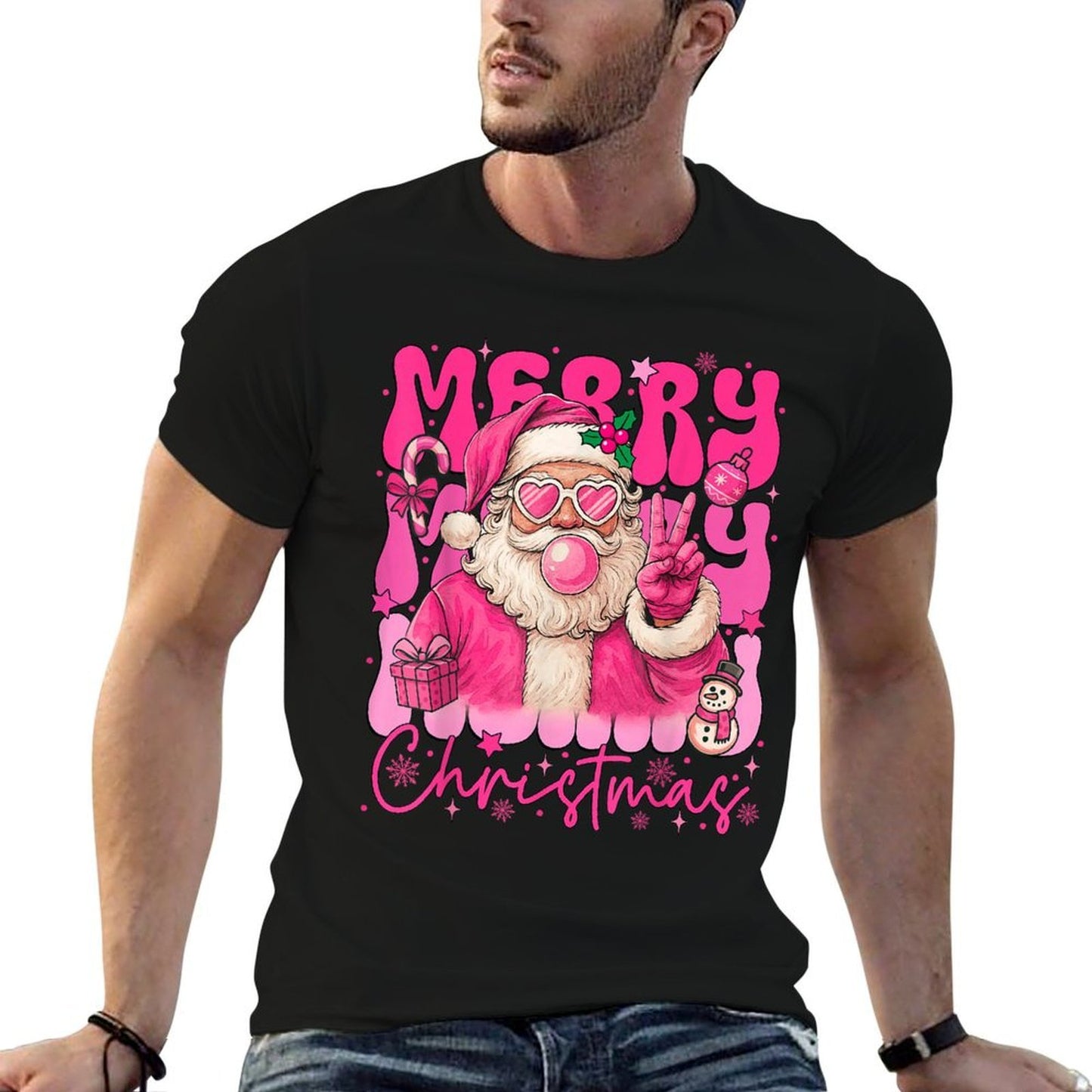 Merry Christmas Pink Santa Claus Blowing Bubble Gum Xmas  Trendy Pattern T-Shirt