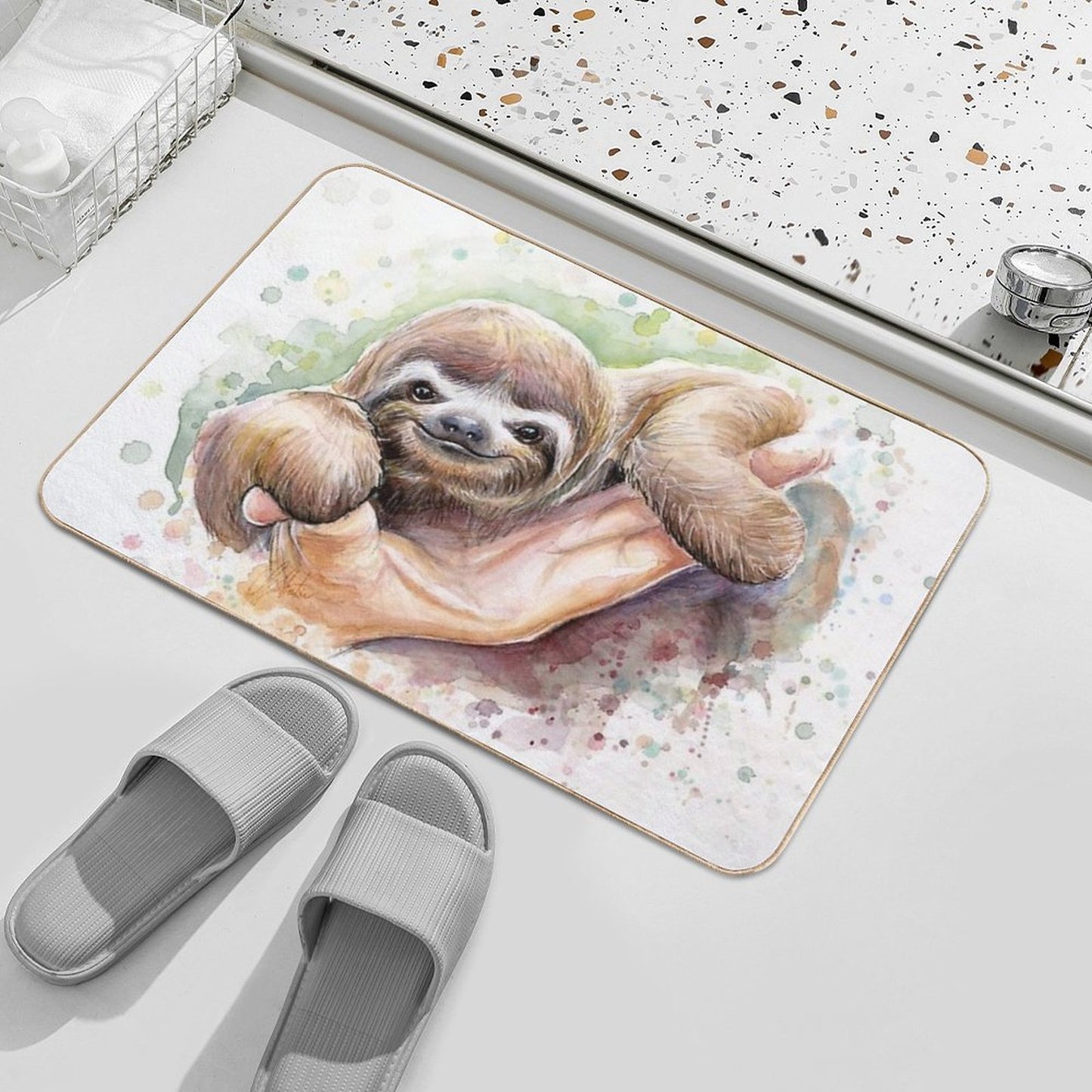 Baby Sloth Watercolor Painting, Cute Baby Animals Print Durable Bath Mat