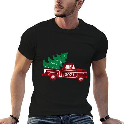 Vintage Christmas Truck 2021 - Red Buffalo Plaid - Tree  Slim-fit Cut T-Shirt