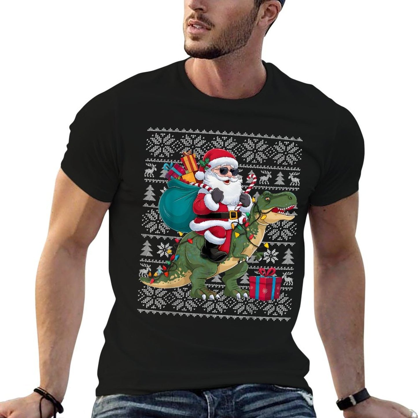 Ugly Xmas Sweater Style Santa Riding Dinosaur Christmas  Cotton T-Shirt