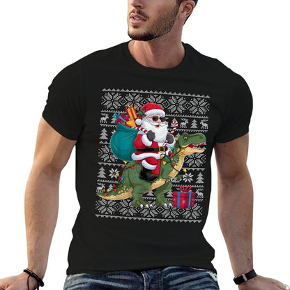 Ugly Xmas Sweater Style Santa Riding Dinosaur Christmas  Cotton T-Shirt