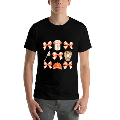 Baseball Game Day Orange Coquette Bow Baseball Mom Retro  Rolled Sleeves T-Shirt