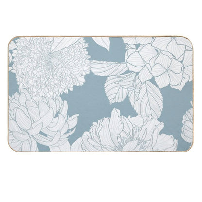 Garden Flower Illustration. Line  Vintage Seamless Pattern.  Chrysathemum, Hydrangea, Peony Spring Line Illustration. Durable Bath Mat