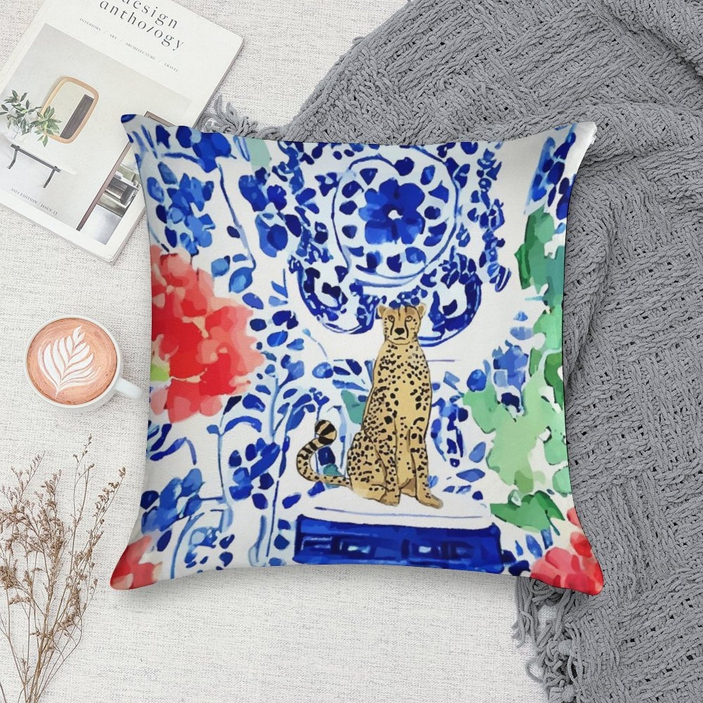 Cheetah And Chinoiserie Jars in Blue And Red Soft Easy Maintenance Throw Pillow