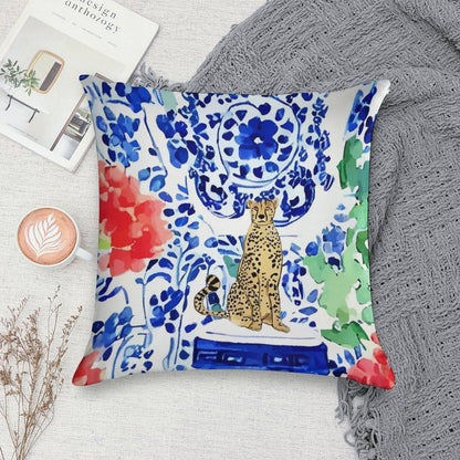 Cheetah And Chinoiserie Jars in Blue And Red Soft Easy Maintenance Throw Pillow