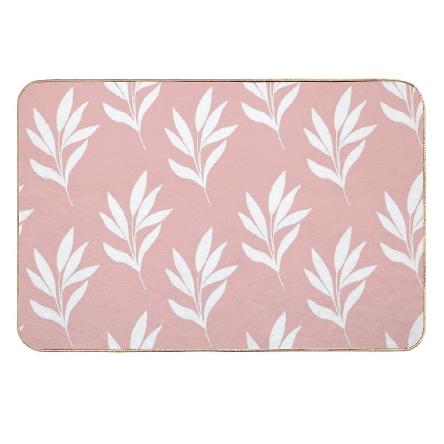 Minimal White Leaves Pattern Design with Blush Background  Pet-Safe Bath Mat