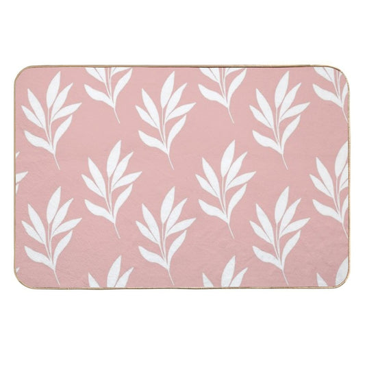 Minimal White Leaves Pattern Design with Blush Background  Pet-Safe Bath Mat