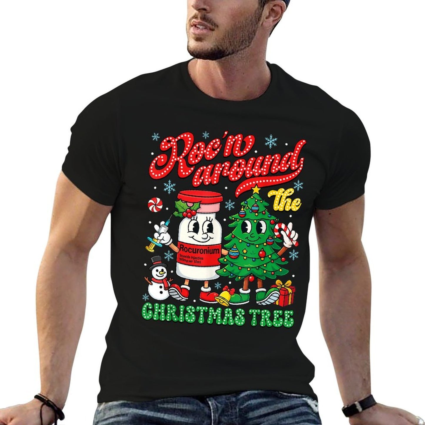 Rocn Around The Christmas Tree ER ED ICU Nurse Christmas  Stretchy T-Shirt