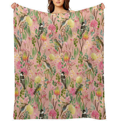 Australian Birds And Blooms Native Flora Chinoiserie Wrinkle-free Throw Blanket
