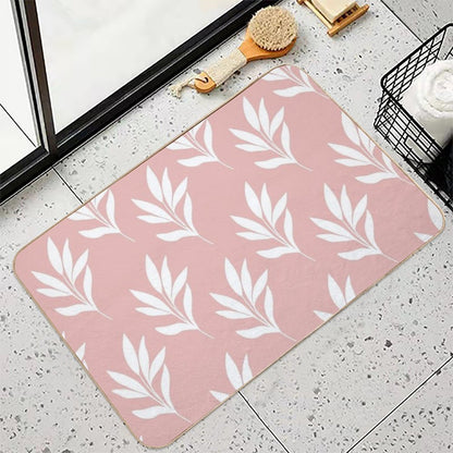Minimal White Leaves Pattern Design with Blush Background  Pet-Safe Bath Mat