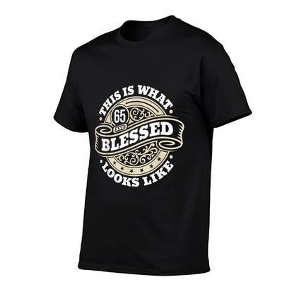65th Birthday Age 65 Blessed I Religious 65th Birthday  Ribbed Collar T-Shirt
