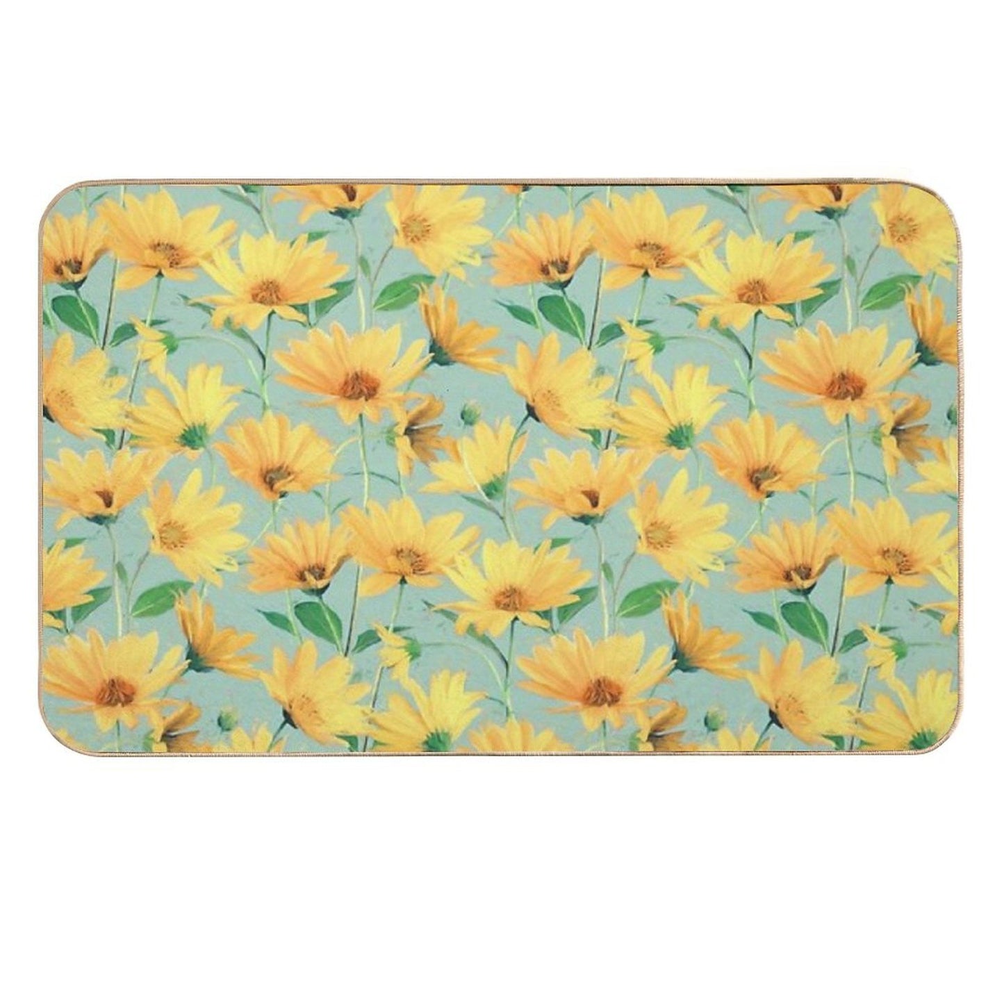 Painted Golden Yellow Daisies on Soft Sage Green  Long-Lasting Bath Mat