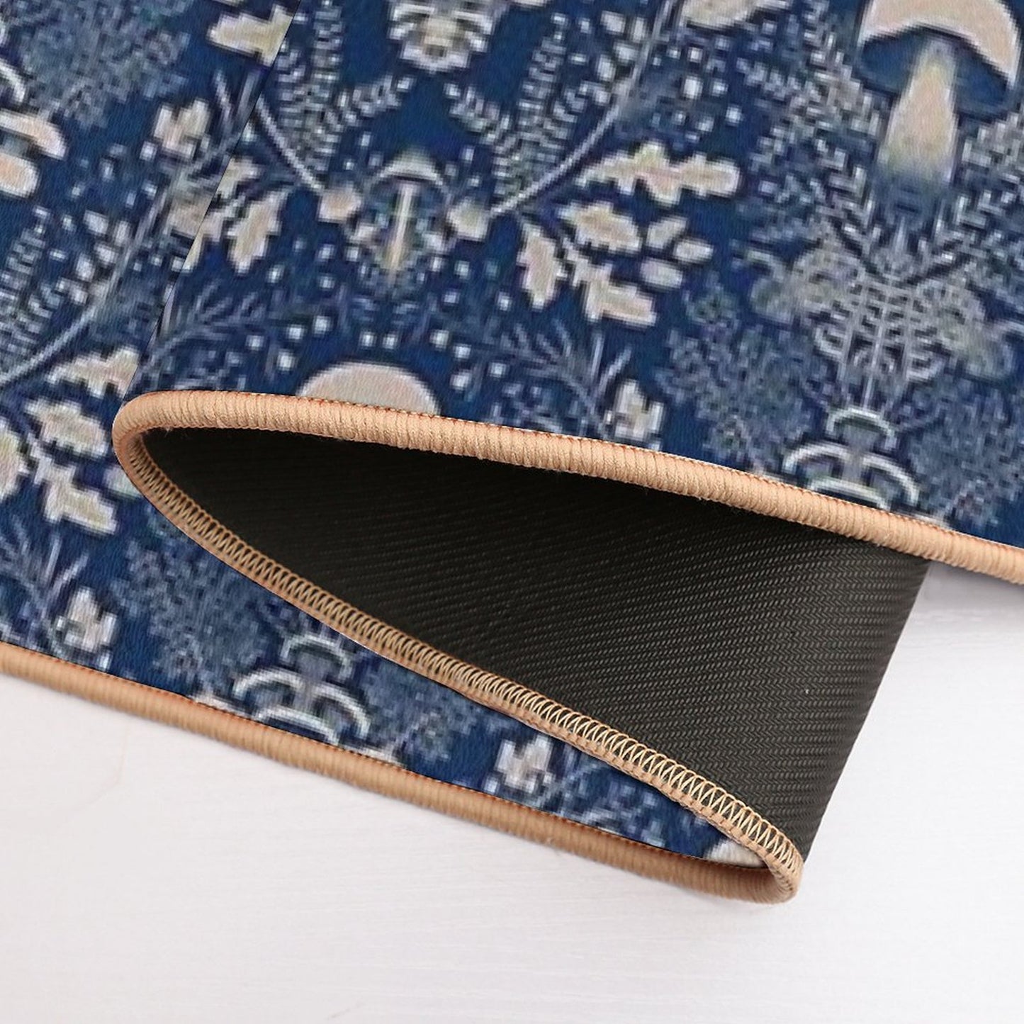 Mushrooms Forest Damask Navy Blue Beige  Pet-Safe Bath Mat
