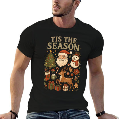 Retro Funny Santa Tis The Season Christmas Doodles Snowman  High-quality Stitching T-Shirt