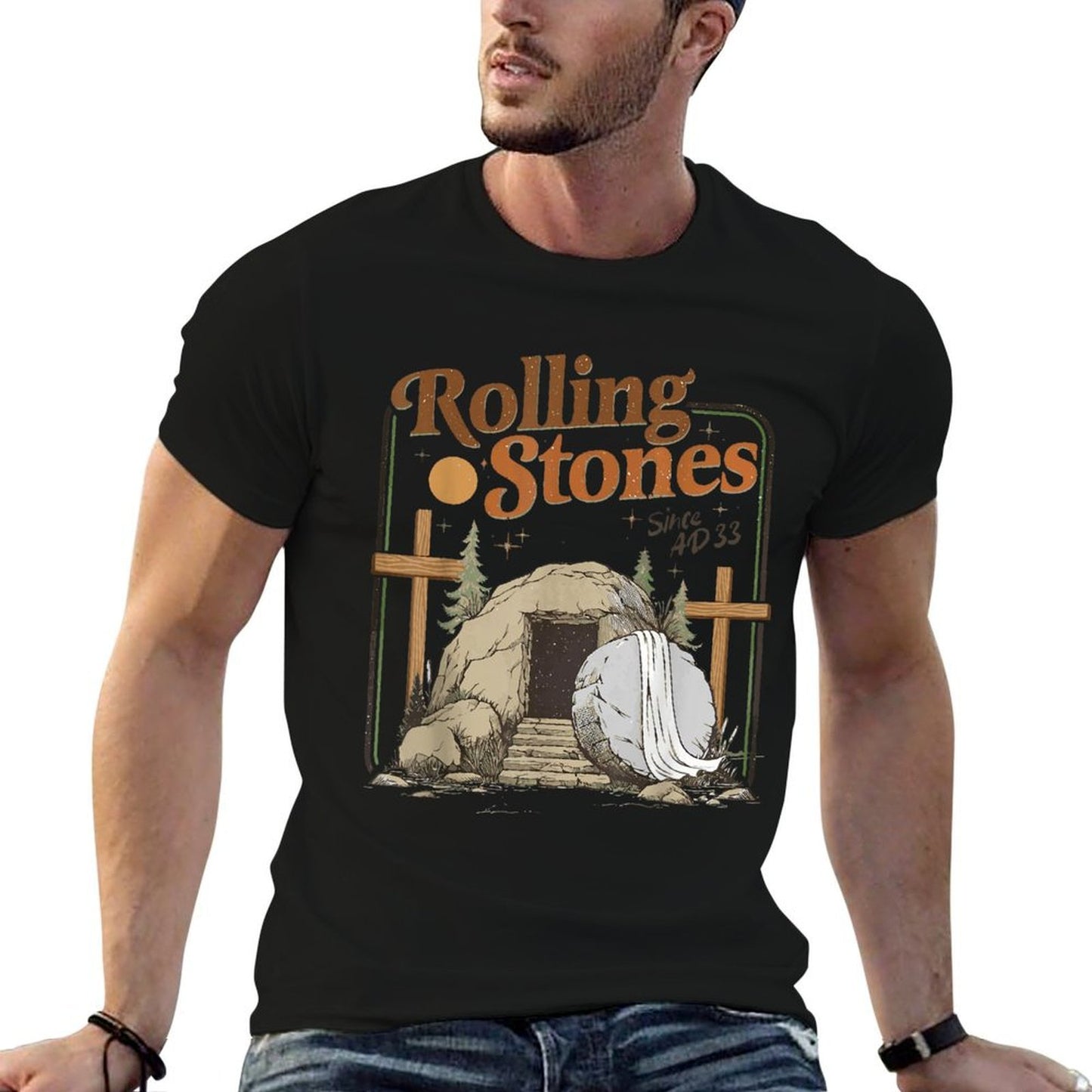 The Stone Was Rolled Away He Is Alive Retro Christian Easter  Graphic-printed T-Shirt