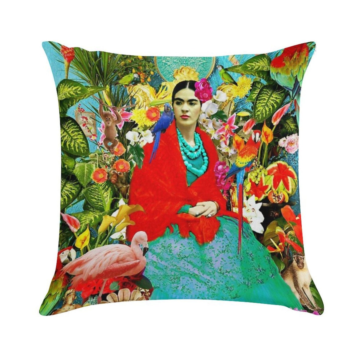 Frida Kahlo with Mexican Animals, Plants, Birds Soft Warmth Comfort Throw Pillow