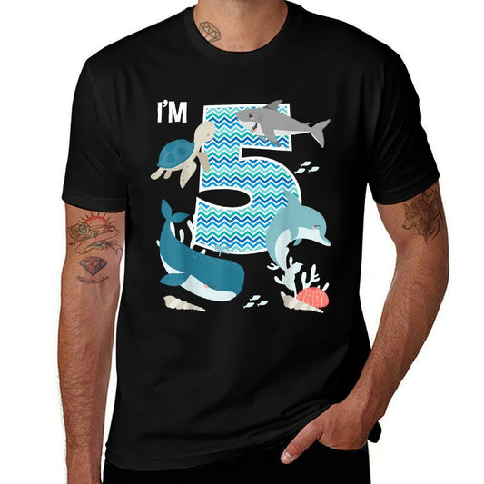Kids 5 Year Old Ocean Life Whale Dolphin Shark 5th Birthday  Summer-ready Fabric T-Shirt