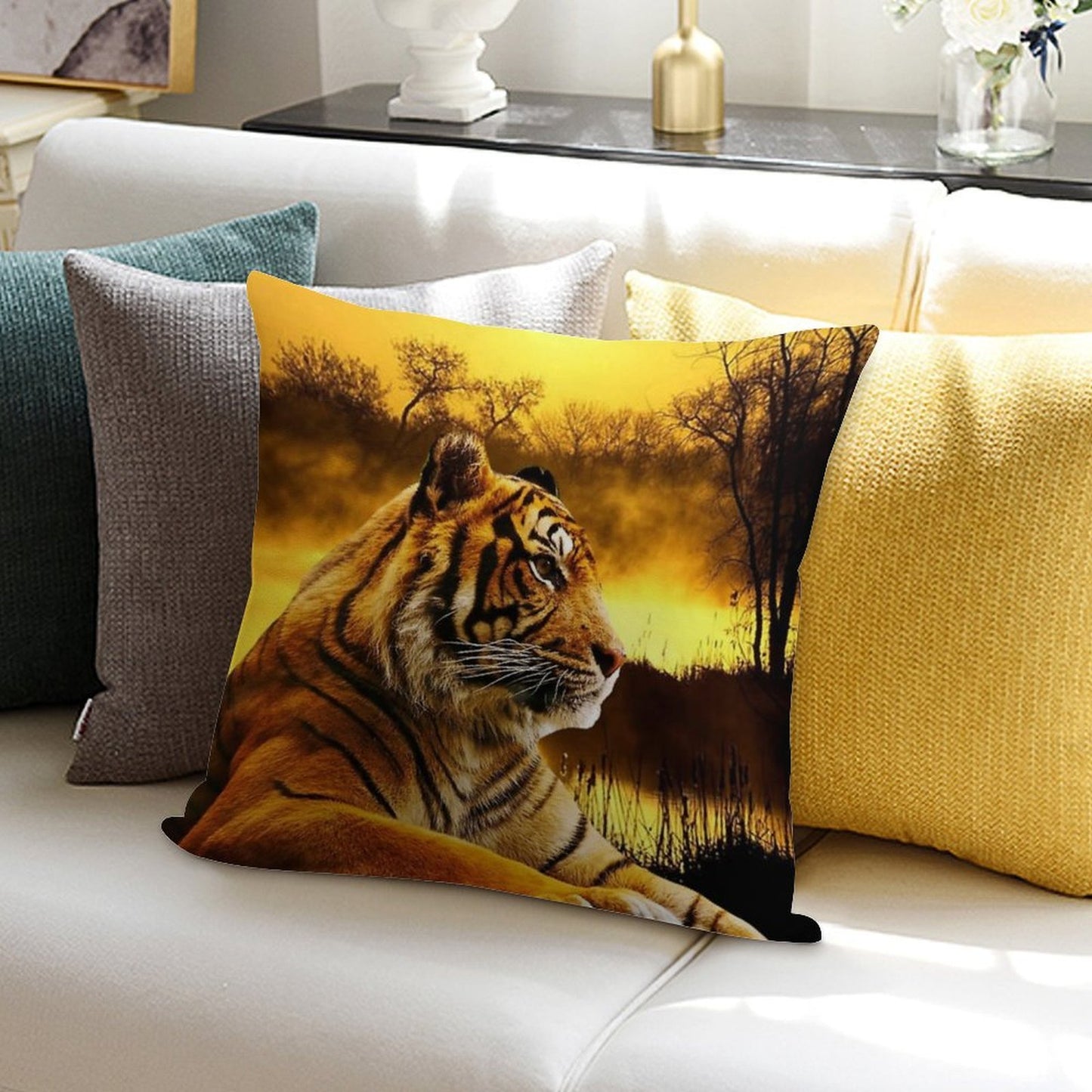 Tiger And Sunset Soft Style Accent Throw Pillow
