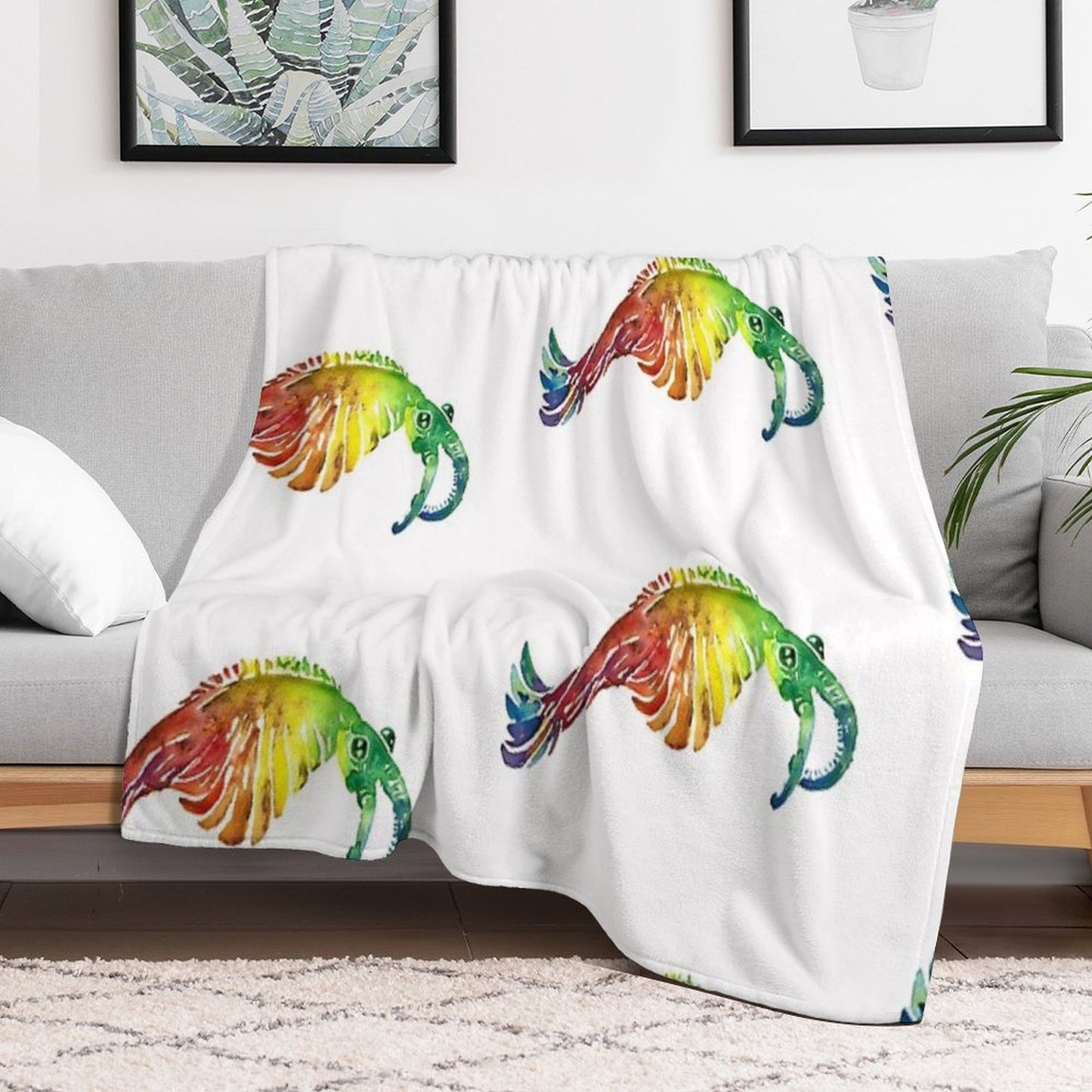 Watercolor Fossil Anomalocaris in Rainbow Machine-washable Throw Blanket