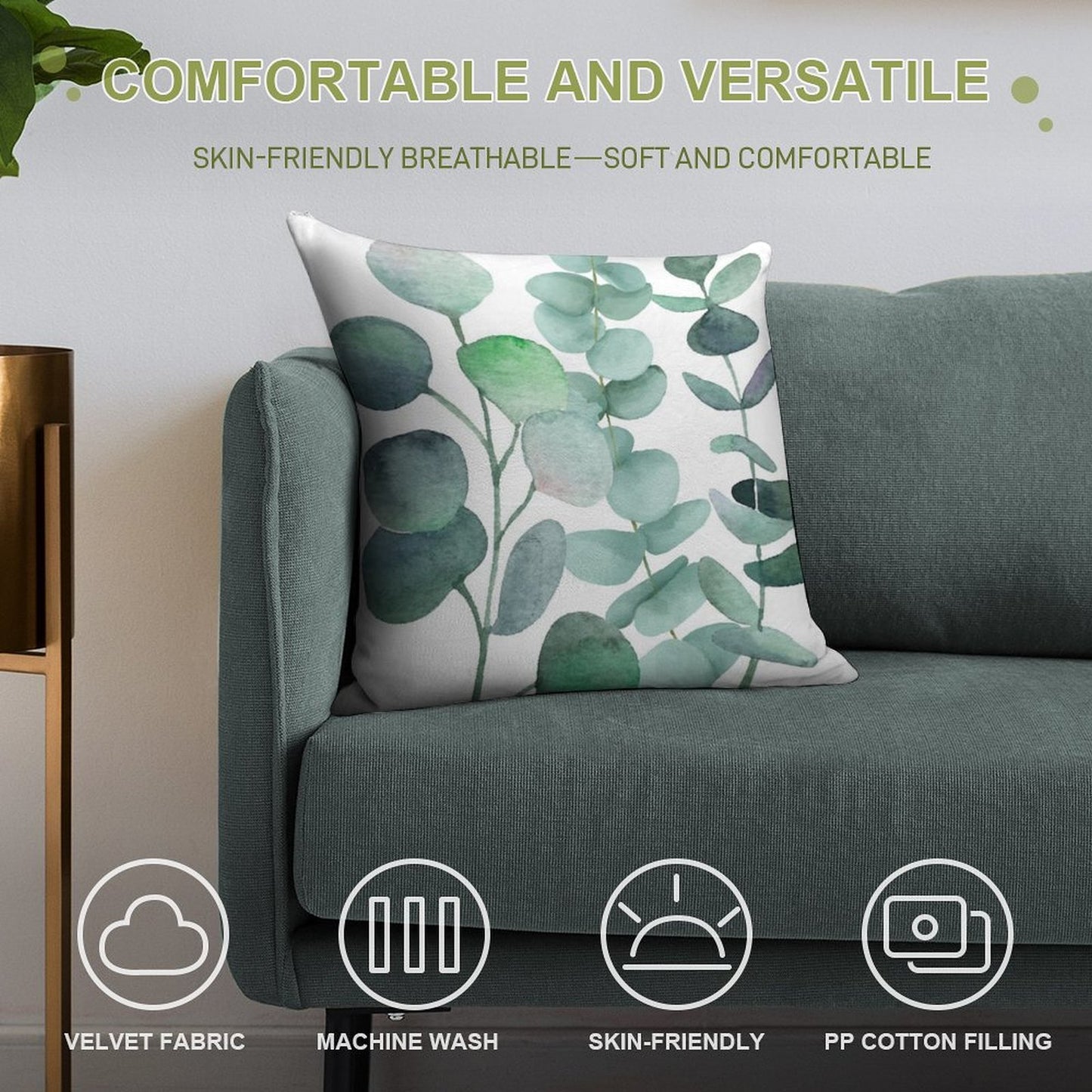 Watercolor, Eucalyptus, Leaves, Botanical, Painting, Green Soft Shrink-Resistant Throw Pillow