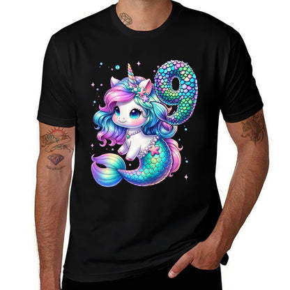 Unicorn Mermaid 9th Birthday 9 Year Old Party Girls Outfit  Summer-ready Fabric T-Shirt