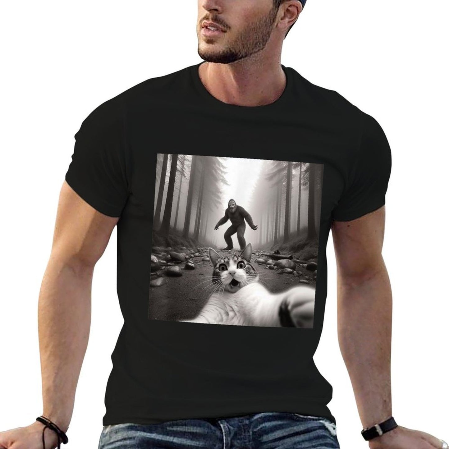 Funny Surprised Scared Cat Selfie With Sasquatsch Bigfoot  Tagless Design T-Shirt