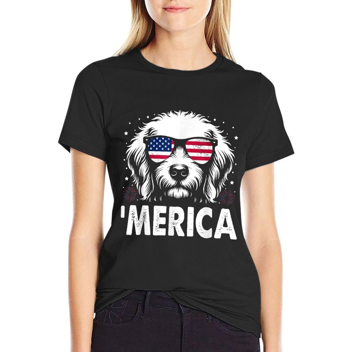Goldendoodle 4th Of July Merica Patriotic Dog  Wrinkle-resistant T-Shirt