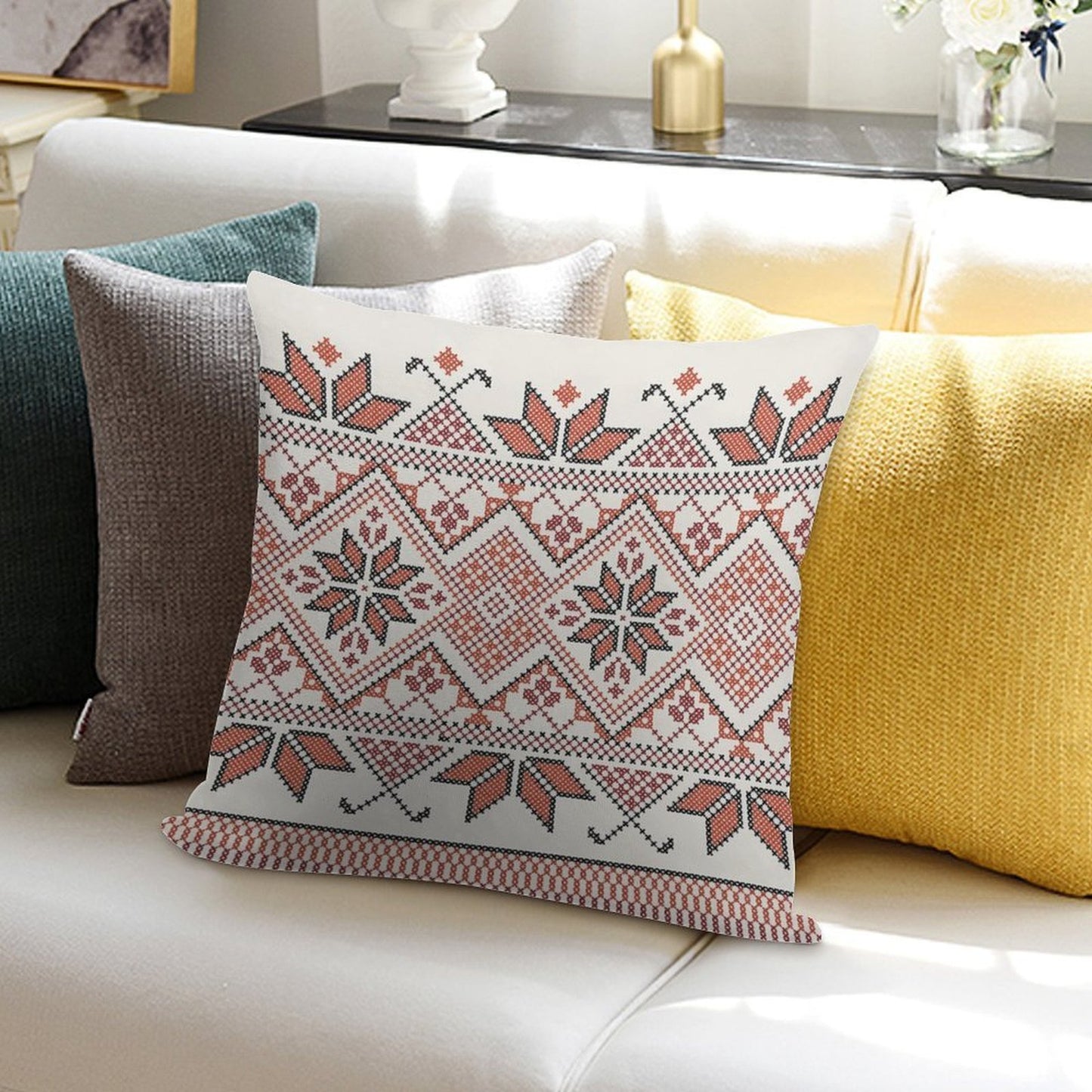 Palestinian Jordanian Tatreez Cross Stitch Realistic Traditional Embroidery Pattern Design #4 Soft Gift Ready Throw Pillow