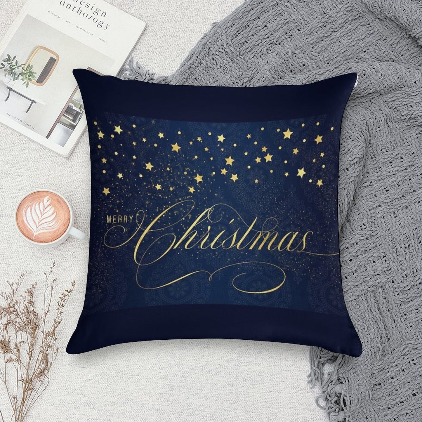 Merry Christmas Navy Blue And Faux Gold Leaf with Stars Soft Reinforced Edging Throw Pillow