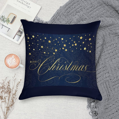 Merry Christmas Navy Blue And Faux Gold Leaf with Stars Soft Reinforced Edging Throw Pillow