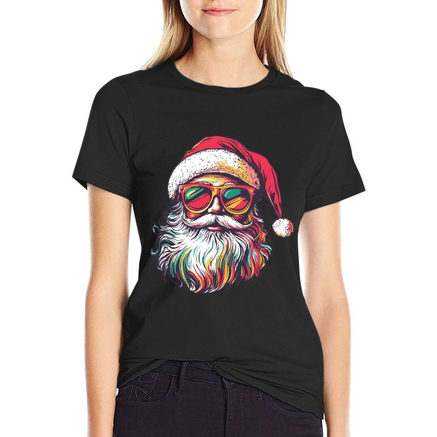 Retro Santa Face Sunglasses Christmas Xmas  Rolled Sleeves T-Shirt